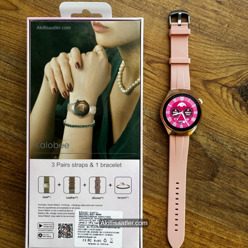 Kalobee SK7 Mini 3 Kordon ve 1 Künye Set Amoled Ekran Kadın Akıllı Saat Hediyelik