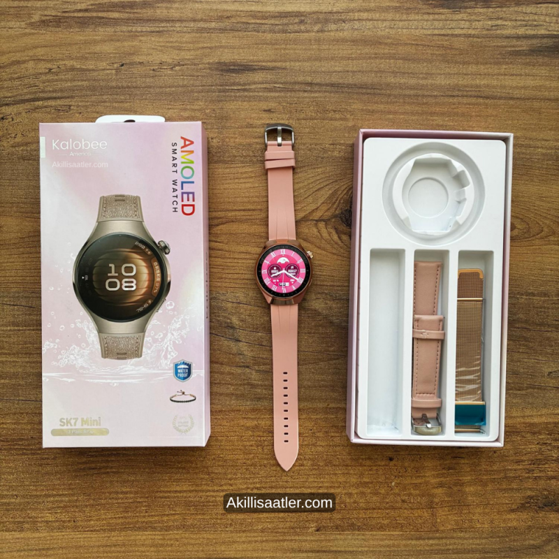 Kalobee SK7 Mini 3 Kordon ve 1 Künye Set Amoled Ekran Kadın Akıllı Saat Hediyelik